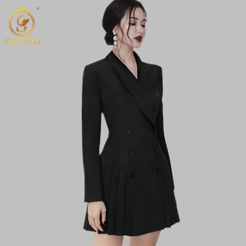 

Double-breasted Notched Korea Dress Women Spring Black Pleated Dresses OL Slim Work Wear Vestidos 210520, Photo color