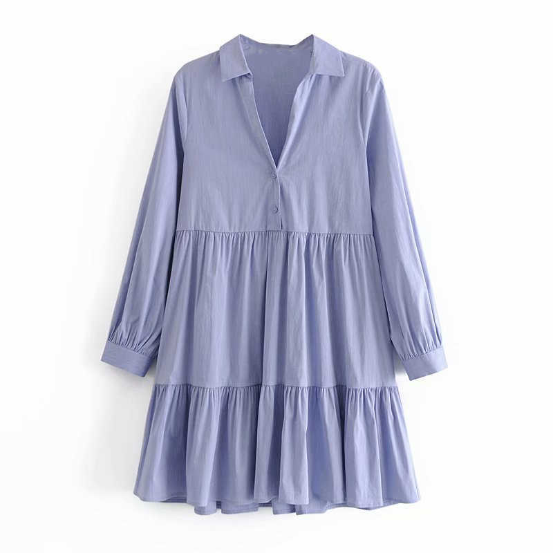 

ZA Blue Mini Shirt Dress Women Long Sleeve Flounce Hem Pleated Dresses Female Chic Front Button Vintage Office Vestidos 210602