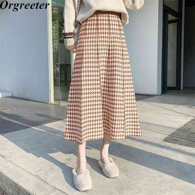 

Knitted Long Skirt Women's Autumn and Winter Retro Houndstooth Thick Warm All-Matching Large swing Sweater Skirts 210602, Picture color