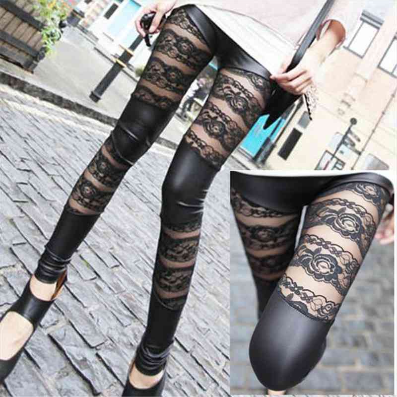 

Fashion Lace Patchwork Artificial Leather Close-fitting Pants Leggings Black For Women Girls Pantalon Femme