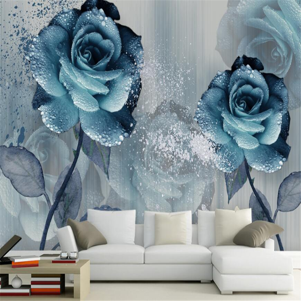 

Watercolor color blue beautiful flower sofa TV background wall custom large mural green wallpaper