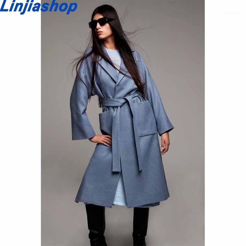 

Women' Wool & Blends Autumn Windbreaker Women Spring Solid Long Belt Blazer Trench Coat Loose Temperament Vintage Female Overcoat, As pic