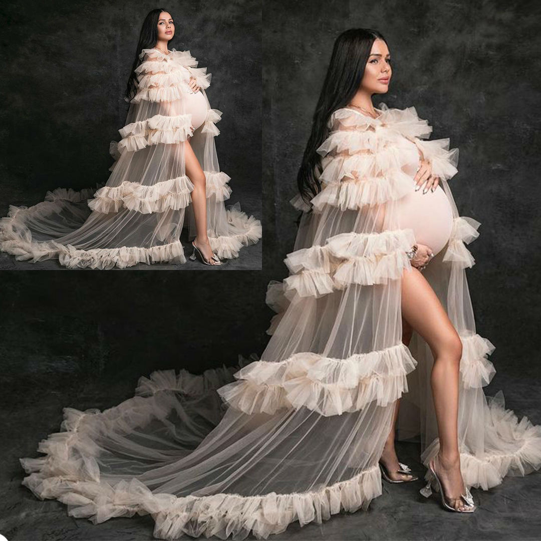 

Sexy See Through Tulle Sleepwear Maternity Dresses for Photography Sheer Pregnant Woman Dress Photo Shoot Robes Nightgowns Robe