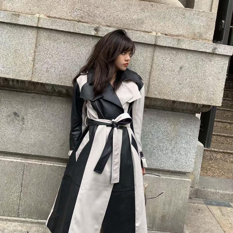 

Women's Leather & Faux X-Long Length Spring Women Coat With Belt Black And White Spliced Genuine Jacket Grid Style Turn-Down Collar Clothes