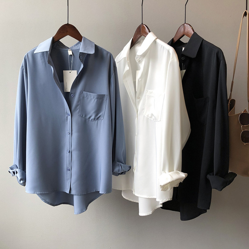 

Women's Blouses & Shirts Autumn New Korean Chic Woman Blouse Pocket Long Sleeve Loose Fashion Female Tops 8YV5, Blue