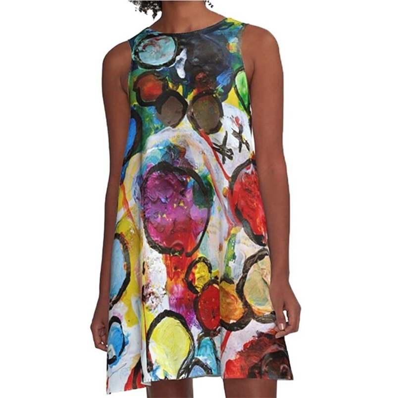 

Mini Dress Summer Daisy Print Vest Women Sleeveless Round Neck Color Graffiti Tank es Female Loose Vestidos 210517, Purple