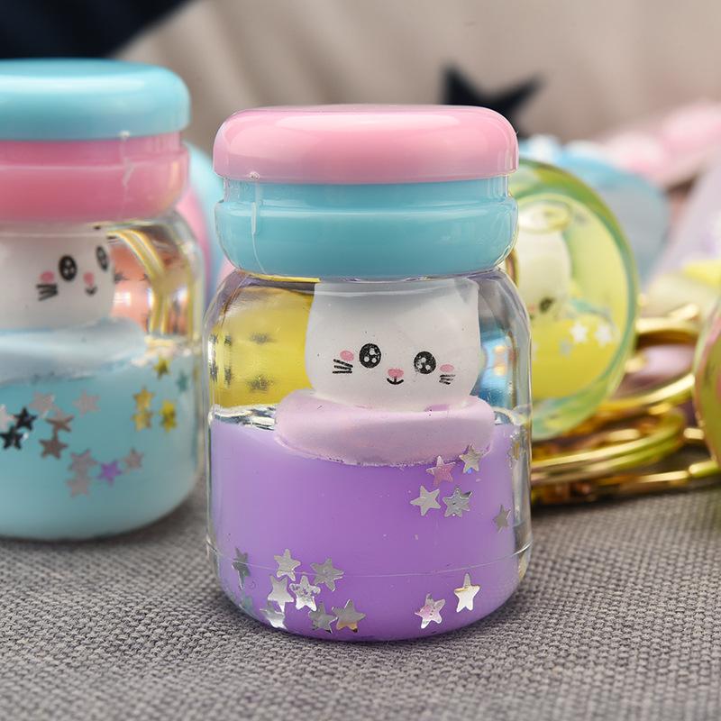 

Keychains Cute Acrylic Simulation Yogurt Bottle Keychain Macaron Floating Quicksand Kitten Doll Key Ring For Women Girl Bag Pendant Keyfob