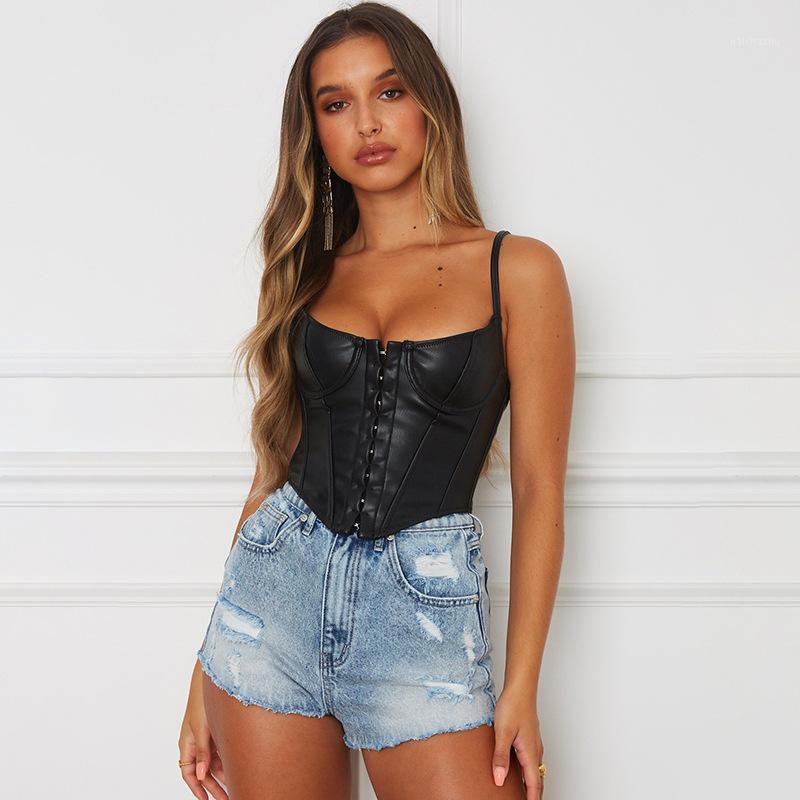 

Women's Tanks & Camis Sexy Black PU Leather Bustier Short Corset Female Crop Top Fashion Sleeveless Strap Clubwear Low-cut Slim