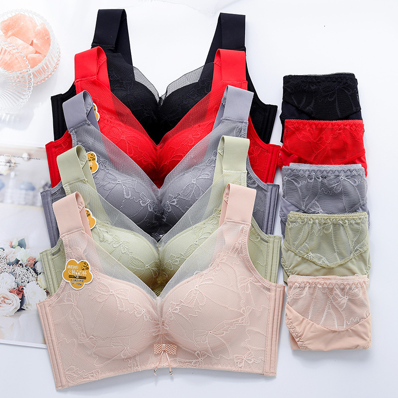 

bras sets big bra without steel ring, fat man's beautiful back gathered together, pair breast lace bra, 98, Red;black