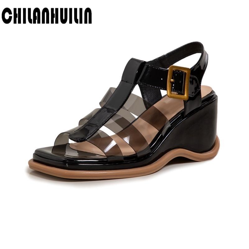 

Dress Shoes Platform Women Sandals Genuine Cow Leather For Casual Summer Open-toed Lady, Black
