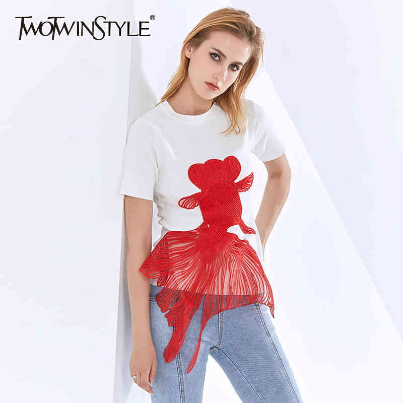 

TWOWINSYLE Embroidered Animal Shirt For Women O Neck Short Sleeve Casual Shirts Female Fashion Clothing Summer 210524, White