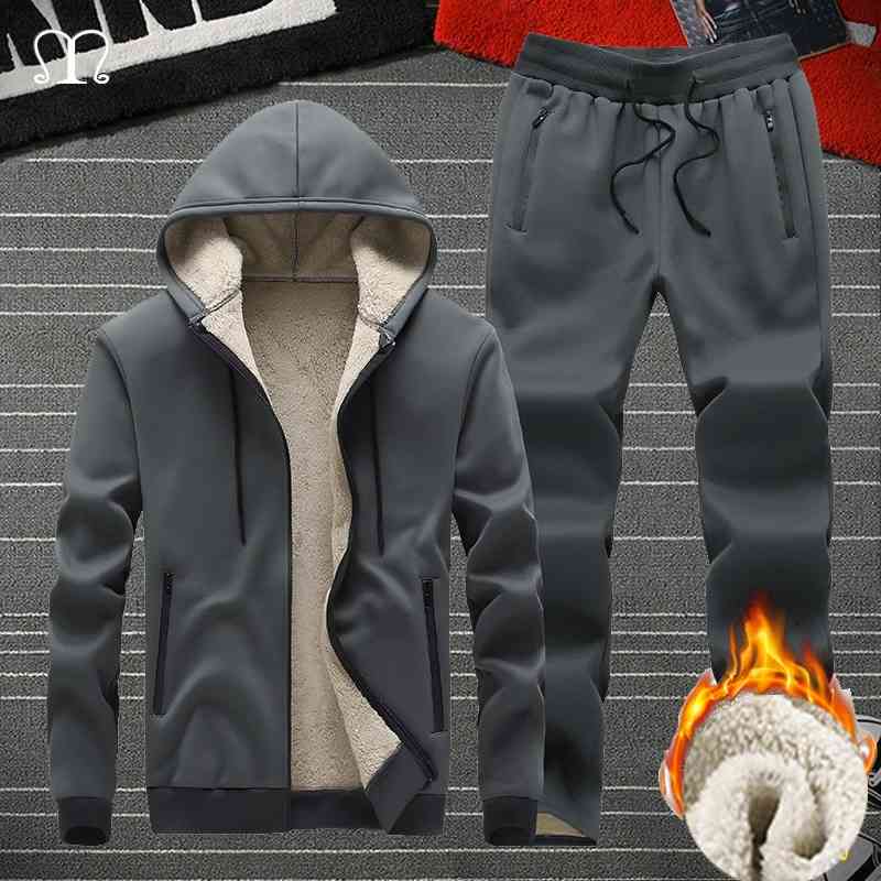 

Winter Casual Tracksuit Fashion Warm Thick Jackets Coats Male Brand Joggers s Clothing Set Two Pieces Sweatsuit Men 4XL, Gray
