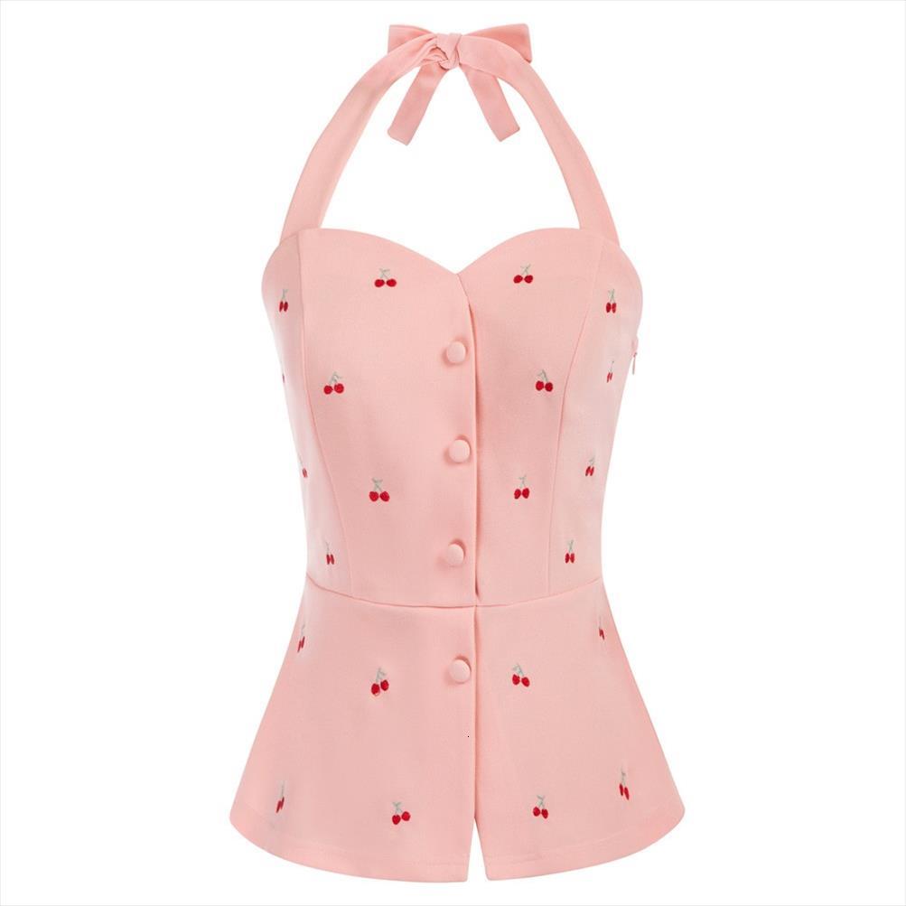 

cherries embroidery halter sweetheart womens tanks neck peplum hem summer slim buttons decor camis ladies, White