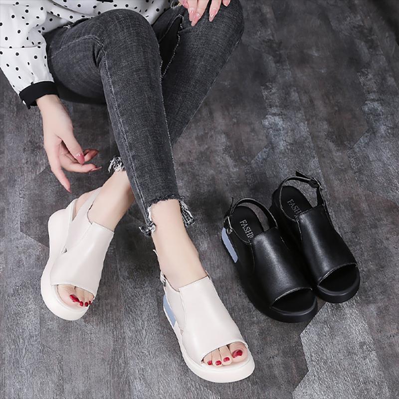 

Dress Shoes Summer Fish Mouth Sandals Women's Soft Leather Increased Thick Muffin Bottom Slope With Simple Commuting Leisure All-match, Beige