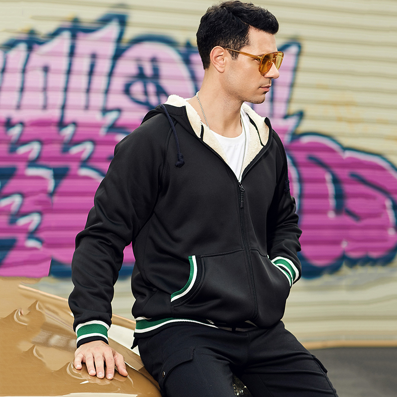 

Warm Wen's Hoodie Long Sleeved Color Matching O-Neck Plus Velvet Zipper Pocket Cardigan Hooded Sweater Autumn Winter Essential Clothing, Black