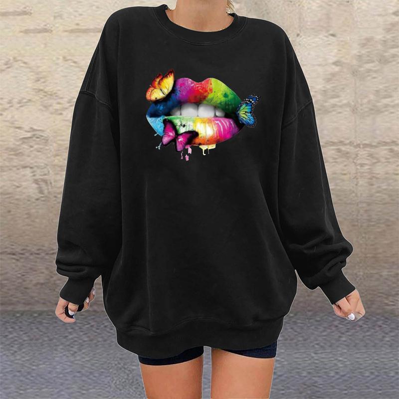 

Women's Hoodies & Sweatshirts Multicolored Lips Butterflies Print Drop-shoulder Women Casual Long Sleeve O-neck Female Sweatshirt Ropa De Mu, Black