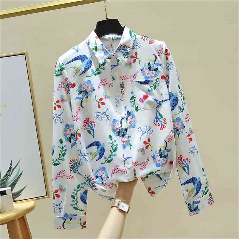 

Autumn Elegant Women's Turn Down Collar Long Sleeves Retro Floral Print Shirts Female Ladies Shirt Blouse Tops A4059 210519, Beige