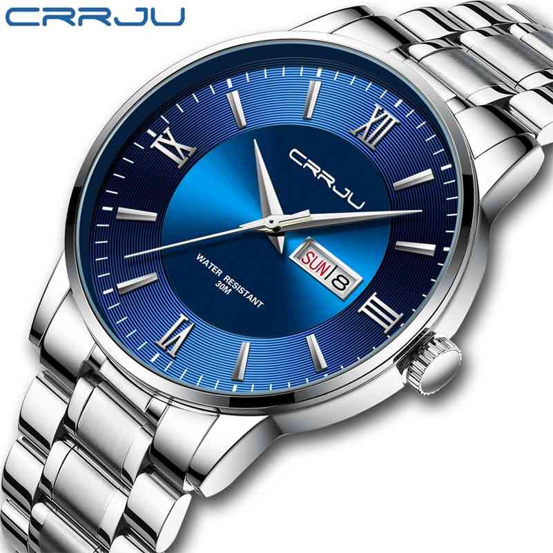 

CRRJU Men's Stainless Steel Watches Business Casual Sport Watch for Men Waterproof Date Quartz watches relogio masculino 210517, Silver blue