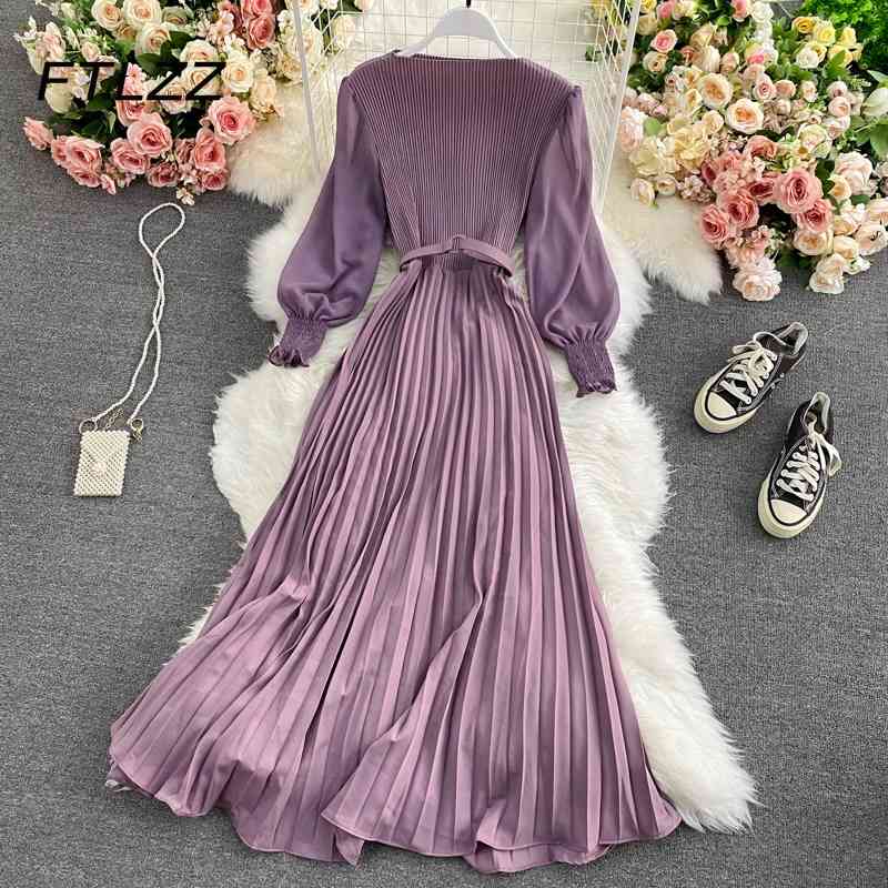 

Women Elegant Pleated Long Dress Spring Autumn Puff Sleeve Office es Ladies Vintage Party Maxi Vestidos Mujer 210602, Burgundy