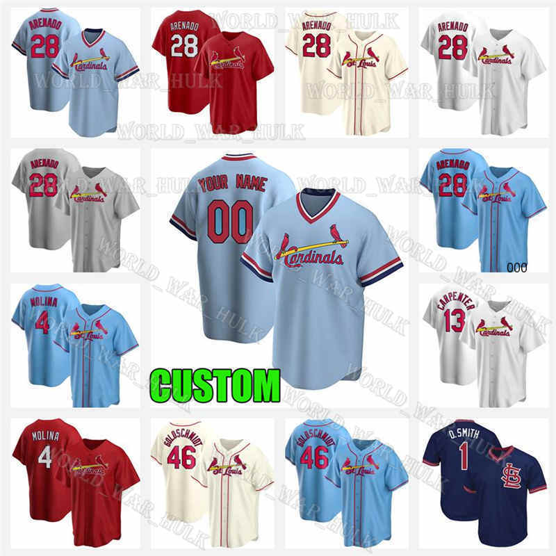 

St. Louis 28 Nolan Arenado Baseball Jerseys 4 Yadier Molina 46 Paul Goldschmidt 1 Ozzie Smith 13 Matt Carpenter Dylan Carlson customized, Blue;black
