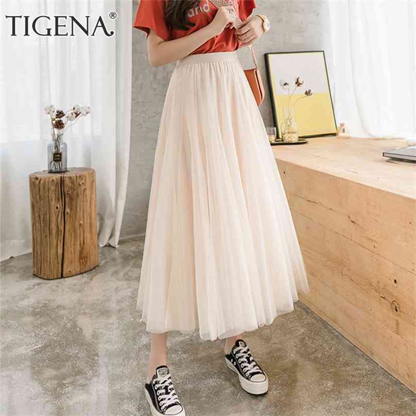 

TIGENA Long Maxi Tutu Tulle Skirts Women Spring Summer Vintage Mesh Big Hem A Line Elastic High Waist Pleated Skirt Female 210629, Apricot
