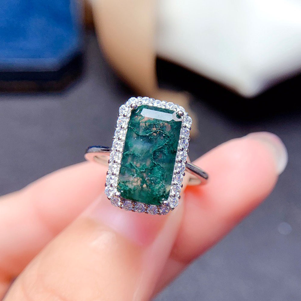 

7x13mm Natural Moss Agate Gemstones Ring for Women Solid 925 Sterling Silver Wedding Engagement Bride Unique Gift Fine Jewelry