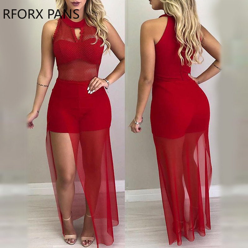 

Sleeveless Fishnet Mesh Overlay Romper, Red