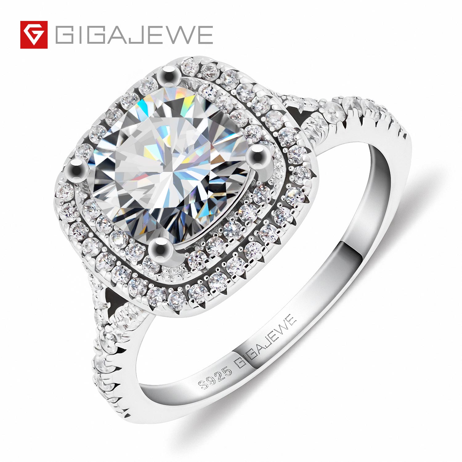 

GIGAJEWE 2.5ct 8.0mm VVS D Colorful Cushion cut Rings 18K White Gold Plated 925 Silver Moissanite Gorgeous Engagement Ring GMSR-050