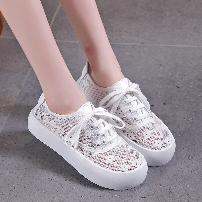 

Women shoes 2022 fashion summer casual white shoes cutouts lace canvas hollow breathable platform flat shoes woman sneakers, Black