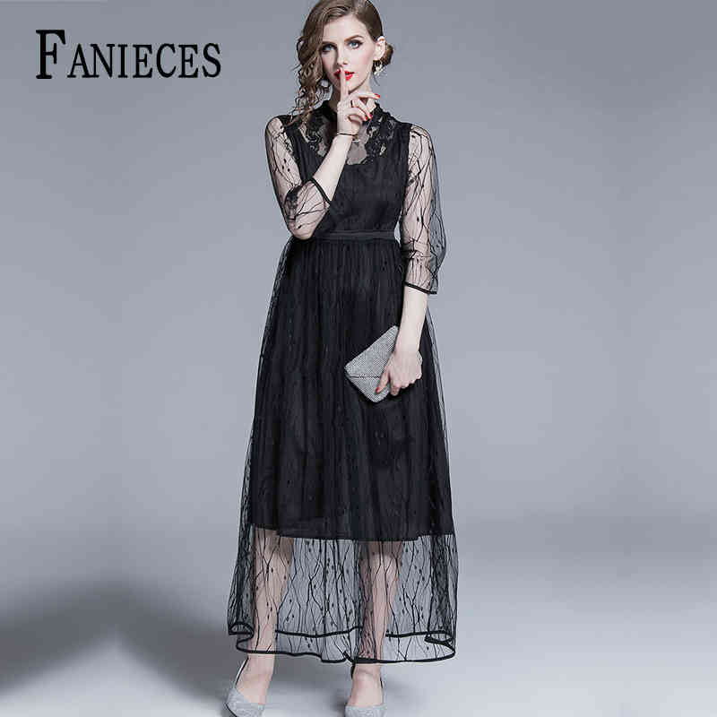 

Summer Arrival European Lace Dress O Neck Long Sleeve Mesh Stiching Floral Princess Dresses robe femme dro 210520, Black