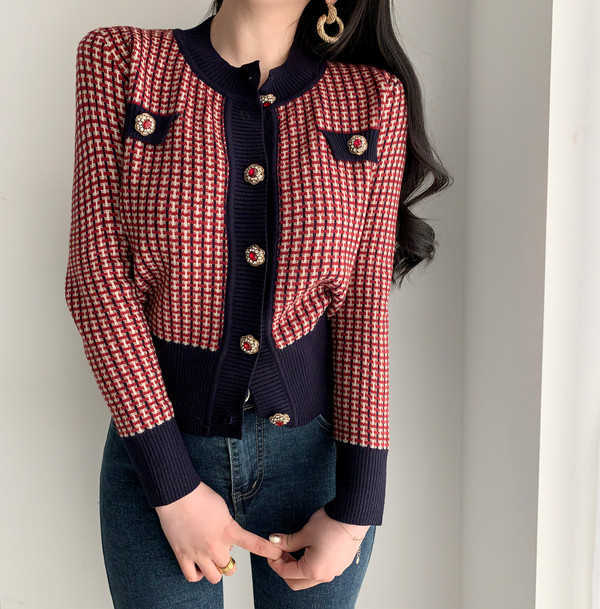 

Korea Spring Plaid Knitted Cardigans Chic Single Breasted Long Sleeve Sweaters Sweet O-Neck Casual Coats 210526, Picture color