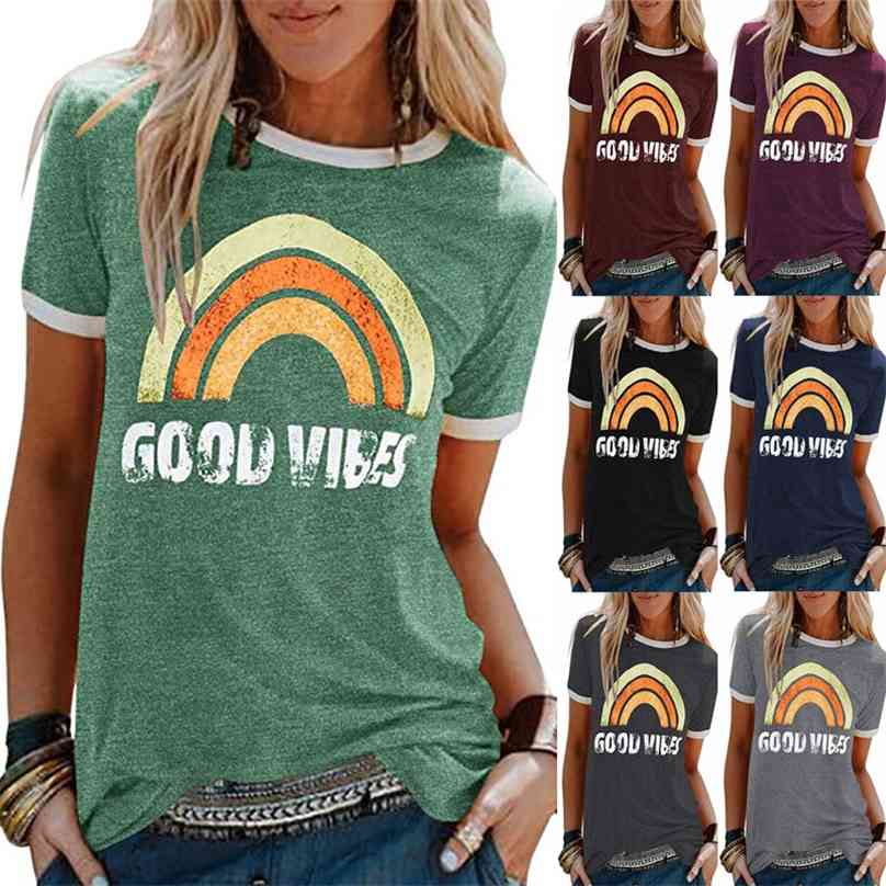

GOOD VIBES Rainbow Print T-shirt For Women Casual Summer Tops O-Neck Short Sleeve Loose Tshirt Woman Clothes Plus Size 210720, Fuchsia