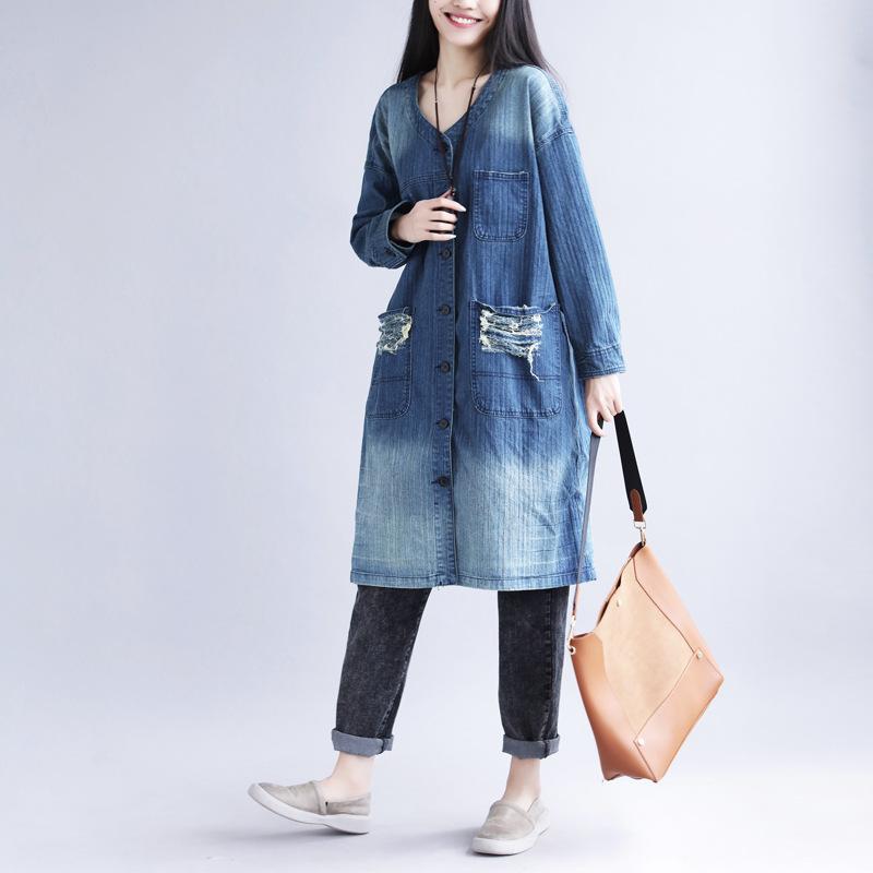 

Women's Trench Coats High Quality Vintage Spring Autumn Women Single Breasted Outwear Long Windbreaker Plus Size V Collar With Pocket Blue