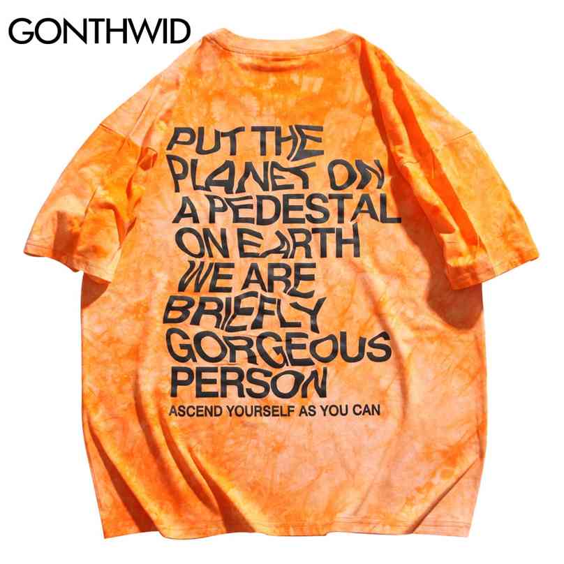 

T-Shirts Ascend Yourself As You Can Tie Dye Tshirts Streetwear Harajuku Hip Hop Casual Cotton Short Sleeve Tees Tops 210602, Orange
