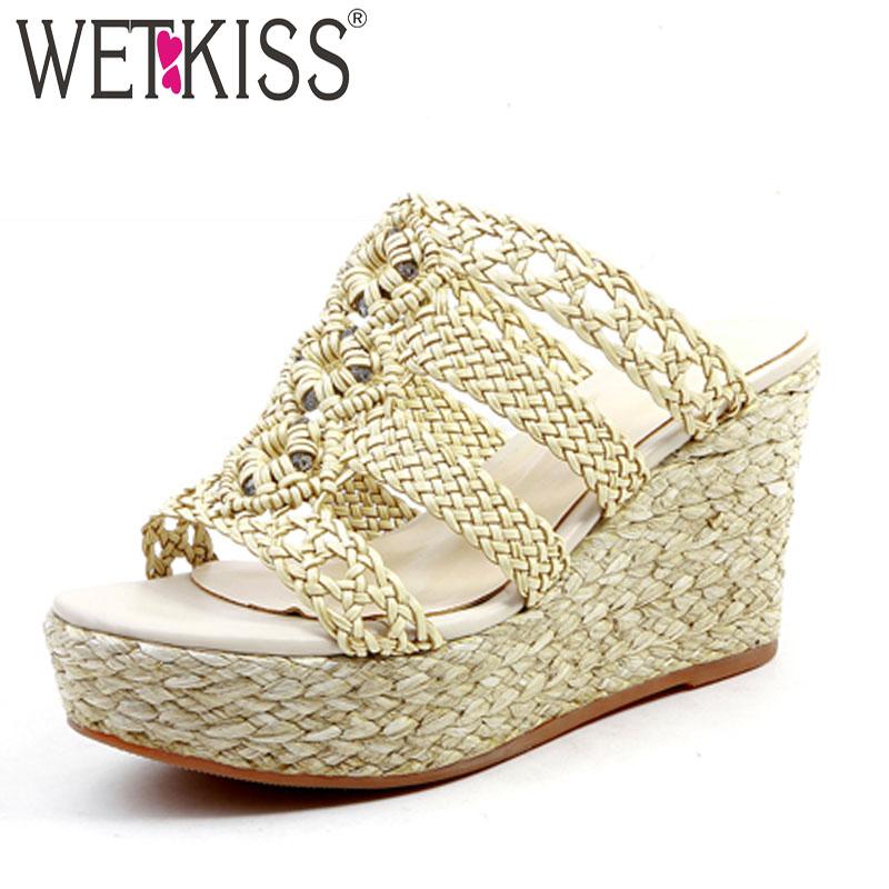 

Slippers WETKISS Straw Weave Platform Bohemia Wedges High Heels Shoes Female 2021 Women Slides Open Toe Mules, Black