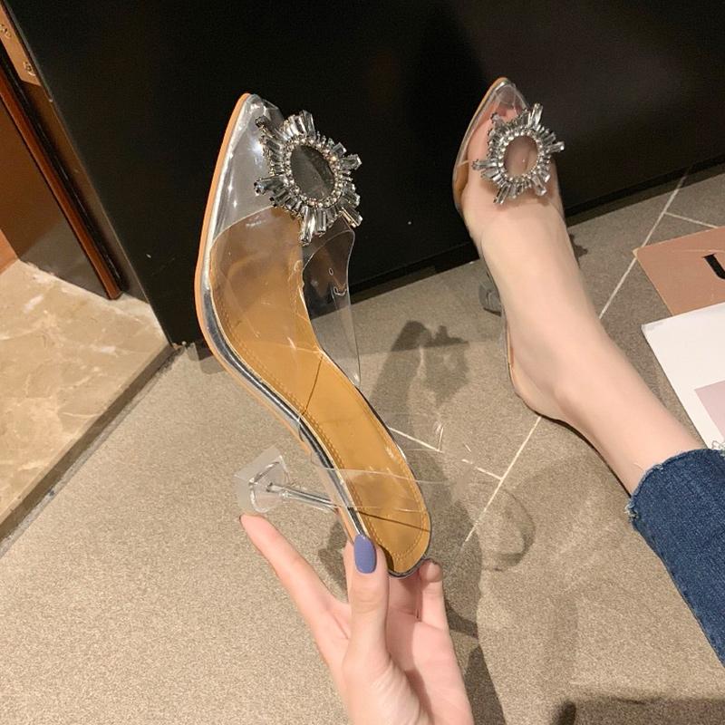 

Women's Transparent Crystal Sandals Female Peep Toe Footwear Women Casual Solid Shoes Ladies Thin Heels High Woman 2021, Silver 7cm