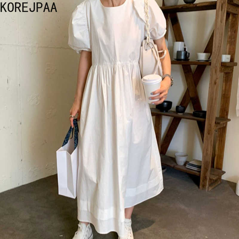 

Korejpaa Women Shirt Summer Korean Chic Ladies Minimalist Round Neck Pleated Waist Loose Puff Sleeve Large Swing Vestidos 210526, Black
