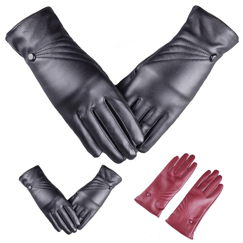 

Wide Brim Hats Ladies Winter PU Leather Gloves For Women Trendy Plus Velvet Thickening Fashion Warm ModelsDriving, Bk