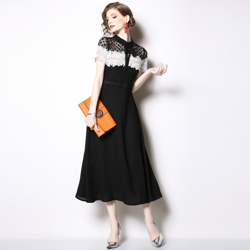

Fashion women's dress summer high-end lace stitching chiffon temperament small sexy slim 210520, Black