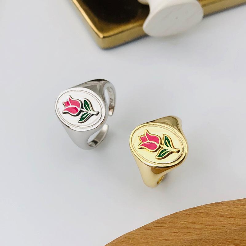

Cluster Rings 100% 925 Sterling Silver Pink Rose Flower For Women Jewelry, Elegant Gold Color Oval Ring Mother's Day Gift Accessories, Golden;silver