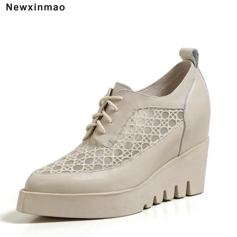 

Genuine Leather Wedges Heel Women Pumps Fashion Coss-tied Pointed Toe Shoes Ladies Spring Summer Working Dress, Black