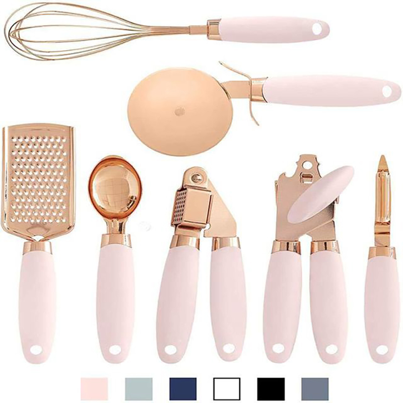 

Kitchen Tools 7-Piece Egg Whisk Can Opener Pizza Cutter Peeler Ice Cream Spoon Slicer Garlic Press Set Wholesale