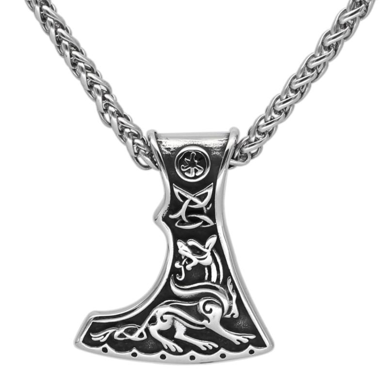 

Chains Men Stainless Steel Slavs Axe Wolf Kolovrat Necklace, Silver