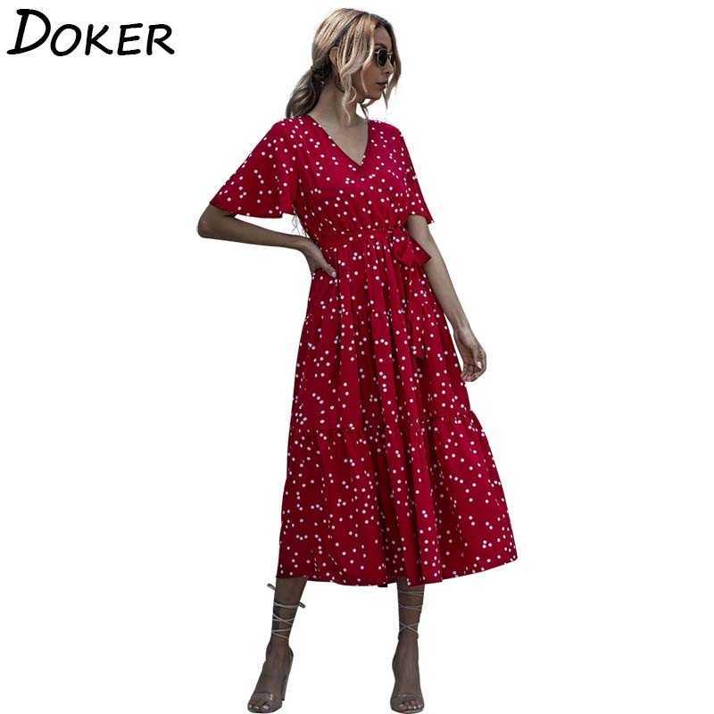 

Summer Floral Red Long Dres V-neck Short Sleeve Polka Dot Boho Beach es Vintage Elegant Casual Midi Femme 210604, Green-dot