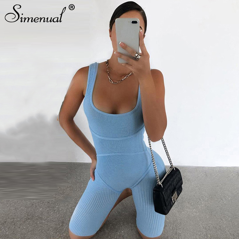 

Simenual Ribbed Skinny Casual Biker Shorts Rompers Womens Jumpsuit Sleeveless Sporty Workout Bodycon Fashion Playsuits Solid Hot, Black