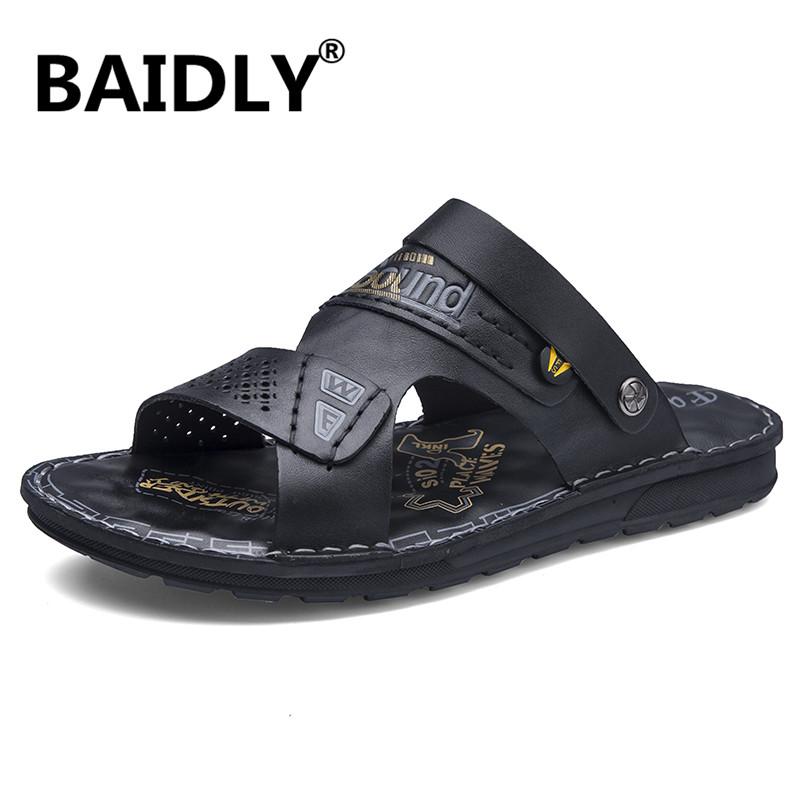 

Sandals Genuine Leather Men's Summer Casual Shoes Outdoor Breathable Flat Beach Slippers For Men Hommes Sandalias, Black