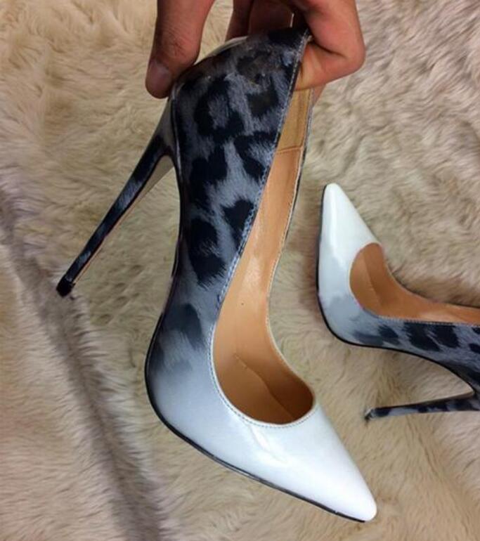 

(original LOGO)Designer Genuine Patent Leather wedding shoes White Leopard Womenultra thin Red Bottom high heels pumps size 35-42