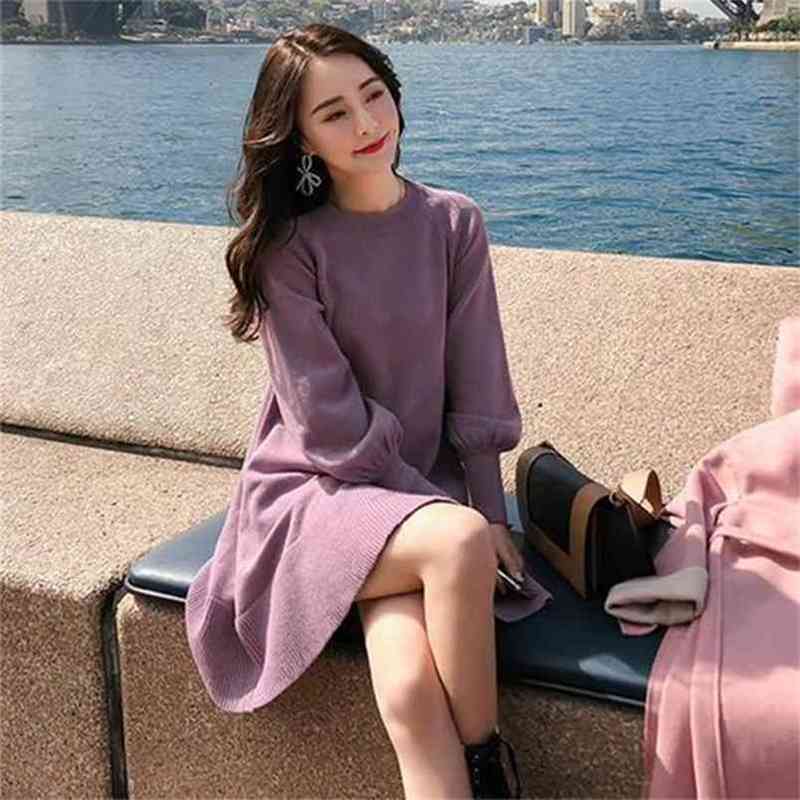 

Autumn Winter Women Dress Femme Lantern Sleeve Knitting Sweater Loose Casual Knited Warm Mini 210603, Beige