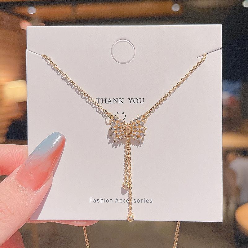 

Chains Bow Long Tassel Titanium Steel Necklace Sense Super Flash Zircon Pendant Fashion Same Style Choker Chain, Silver