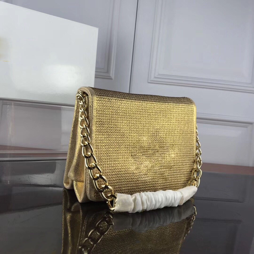

Designer Luxury Palazzo Gold calf strass crystal spike stud Chain shoulder bag Womens Crossbody Messenger bags Size: 24x11x18CM, Don't pay it